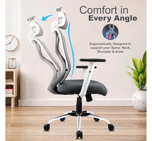 Image of Ergonomic Office Chair for Home & Office | Adjustable Headrest, Armrests & Lumbar Support | Mesh Back | Tilt Lock Mechanism | Heavy Duty Chromium Metal Base, Grey