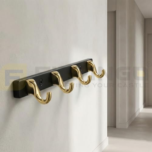 Image of 4 Hook Modern Bathroom Hooks for Hanging /Cloth Hooks for Door Back Side /Cloth Hanger for Wall (Gold with Black) Pack of 1-| 3 Years Warranty |