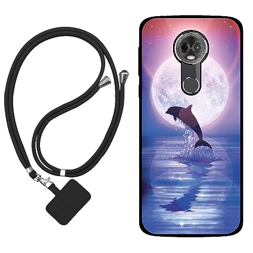 Sunrive Funda Compatible con Motorola Moto E5 Plus,Slim Fit Gel Mate Carcasa Case Bumper de Impactos y Anti-Arañazos Espalda Cover (Luna,Delfines,Mar)+1 X Correa Universal