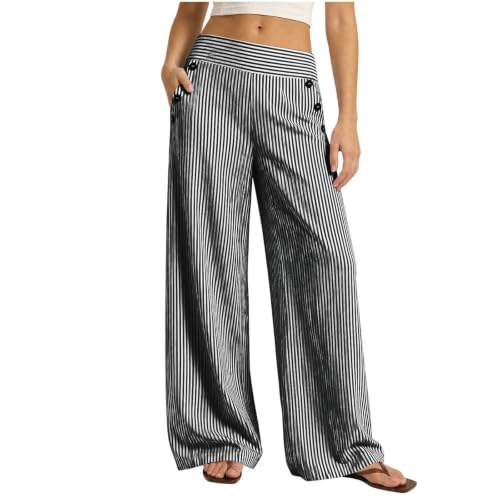 PmiYniV Womens Striped Wide Leg Palazzo Pants High Elastic Waisted Casual Loose Fit Trousers with Pockets Summer Beach Pant Black