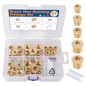 KOOTANS 25PCS Brass Hex Bushing Kit Brass Fittings Assortment 1/4″ to 1/8″, 3/8″ to 1/8″, 3/8″ to 1/4″, 1/2″ to 1/4″, 1/2″ to 3/8″ NPT Reducer Pipe Fittings Adapter Fitting