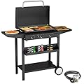 SKOK 3 Burners Outdoor Gas Griddle with Hood, Portable Flat Top Gas Grill-Table Top Propane Griddle Station with Side Shelves for Kitchen, Outdoor BBQ, Camping