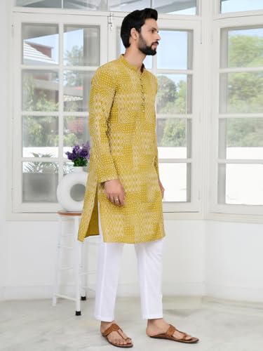 Image of See Designs Men's Full Sleeve Mandarin Collar Floral Embroidered Mandarin Collar Thread Work Straight Long Kurta with Pyjama - Festive Collection