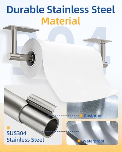 Image of RUACQ Paper Towel Holder Under Cabinet, One Hand Tearing Paper Towel Holder with Damping Effect, Wall Mount & Adhesive Stainless Steel Paper Roll Holder for Kitchen Bathroom (Sliver)
