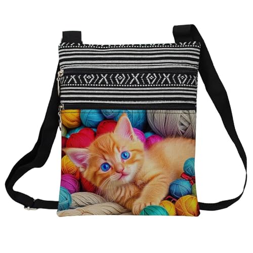 Yarn Ball Cat Messenger Bag Small Ethnic Pattern Printed Adjustable Strap Crossbody Zipper Pouch Yarn Ball Cat Phone Organizer Wallet Cute Shoulder Handbag for Women