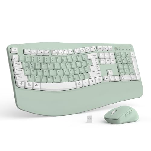 Wireless Keyboard and Mouse Combo 2.4G Full Size Wave Keys Ergonomic Keyboard with Wrist Rest for Natural Typing 3 DPI Adjustable Ergonomic Mouse for Computer/Laptop/Windows/Mac (Avocado Green-A)