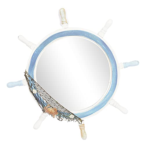 Deco 79 Wood Ship Wheel Room Wall Mirror Entryway Mirror with White Spokes and Sealife with Netting Accent, Wall Mounted Mirror 25" x 2" x 25", Blue