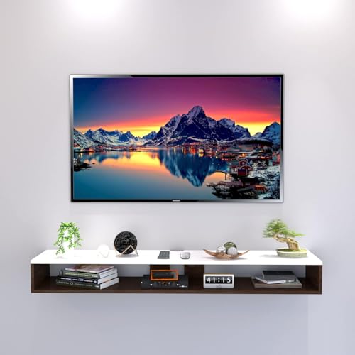 Image of Wall Mounted TV Unit with Floating Entertainment Shelf, Engineered Wood TV Cabinet with Display Shelves, Set Top Box Stand, Cable Management, Living Room Wall Shelf, Brown & White, 90 cm