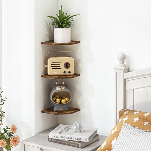 Image of Fun Memories Corner Shelf Wall Mount, Floating Corner Shelves, Set of 3 Corner Wall Shelf Organizer, Rustic Wood Wall Storage Display Shelves for Living Room Bedroom Bathroom Kitchen, Rustic Brown