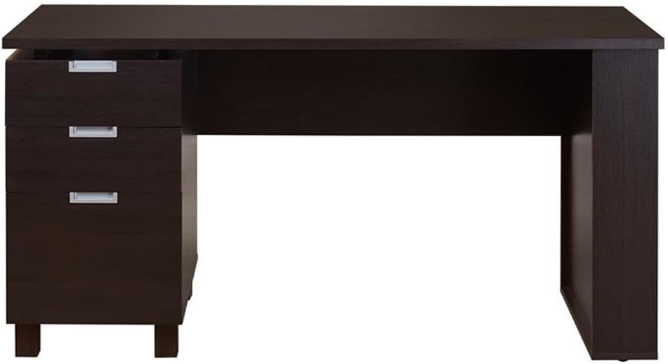 Pemberly Row Modern 3-Drawer Wood Writing Desk, Espresso Finish, 59 in x 24 in x 29 in, Built-in Filing Cabinet, Side Shelves, Chrome Accents, Home Office Desk for Workspace Organization