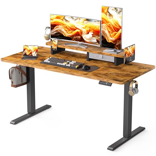 WALKINGDESK Höhenverstellbarer Schreibtisch Elektrisch mit Schubladen, 140 x 60 cm Stehpult mit Monitorständer und Handyhalter, Standing Desk für Home Office Büro, 3 Haken, Rustikales Braun