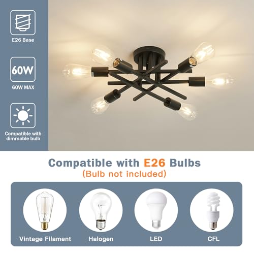 Image of ASGYISA 6-Lights Semi Flush Mount Ceiling Light Fixture 2-Pack Black Vintage Matte Sputnik Chandelier Ceiling Lamp for Farmhouse Dining Room Living Room Bedroom Kitchen Entryway