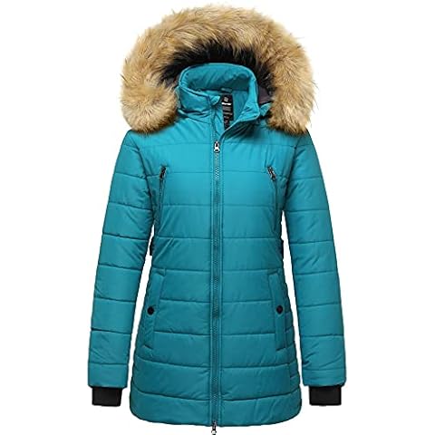 Wantdo Chaqueta de Abrigo Cálido de Invierno Parka Mediana Larga A Prueba de Viento con Capucha de Piel Desmontable Chaqueta Impermeable de Ajuste Delgado para Mujer Azul Marino M Cover