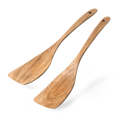 Hefild 2Pcs Curved Wooden Spatula for Cooking, 12.5inch Wood Turner for Frying, Non-Scratch Wood Flat Spurtle for Pan & Wok, Acacia Wooden Cooking Utensils for Non Stick Cookware, Long Handle Scraper