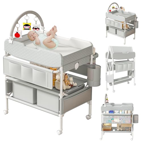 Image of Baby Changing Table with Drawers, Waterproof Versatile Folding Diaper Changing Station with Storage, Adjustable Height, Portable Diaper Chang ing Station, Mobile Nursery for Infant and Newborn