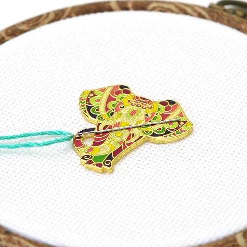 Image of Needle Minder Set - Mandala Elephant Magnetic Needle Minder + 2 Needle Threaders + Crane Scissors. Enamel Pin for Cross Stitch, Embroidery and Craft