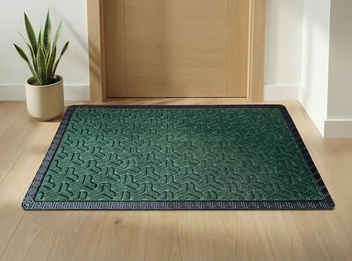 Image of Yellow Weaves Large Size (60x90 cm) Door Mat for Home Entrance, Outdoor Rubber Mat - Non-Slip, Anti Skid Foot Mat, Dirt Trapper, Heavy-Duty, Waterproof Doormat (Triangle Design, Green Color)