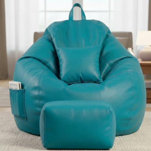 Image of KAM'S LIEU 5XL Luxury Faux Leather Bean Bag with Footrest & Cushion | Pre-Filled High-Density Polystyrene Beans | Premium Leatherette | 6 Months Warranty Color- (Aqua, with Footrest)