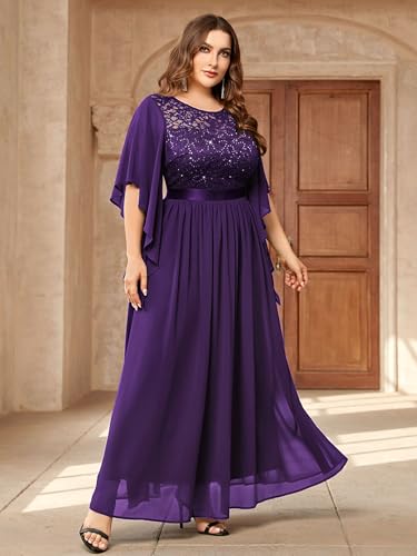 Image of Miusol Women's Plus Size Sequin Lace with Ruffle Cape Cloak Sleeves Elegant Evening Gown Wedding Guest Maxi Dress
