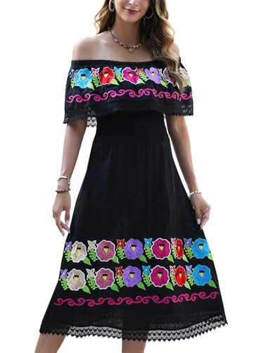 Mexican Dress Women Embroidered Traditional Off Shoulder Fiesta Cinco Mayo Outfit Hispanic Heritage Mexico Style Celebration Floral Mujer para De Dia Los Muertos Vestidos Folklorico Blossom Black