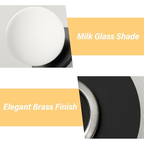 Image of Modern Black Globe Wall Sconce,Single Light with Milk Glass Shade | 6 inch Minimalist Spherical Vanity Sconces,Contemporary Small Brass Ball Lights Fixture for Entryway Bedside Bathroom,E26 Base