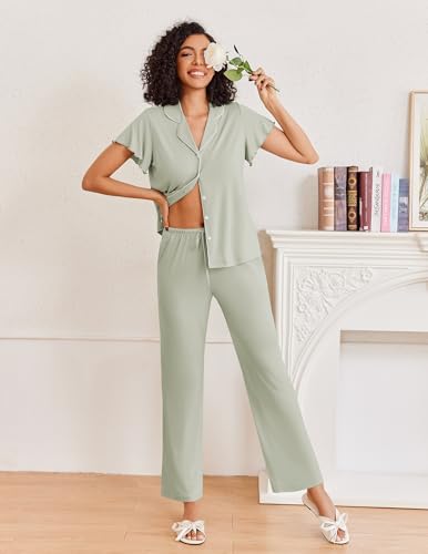 Ekouaer Pajamas for Women Set Button Up Sleepwear Cute Pjs Ruffle Sleeve Notch Collar Loungewear with Long Pants S-XXL3