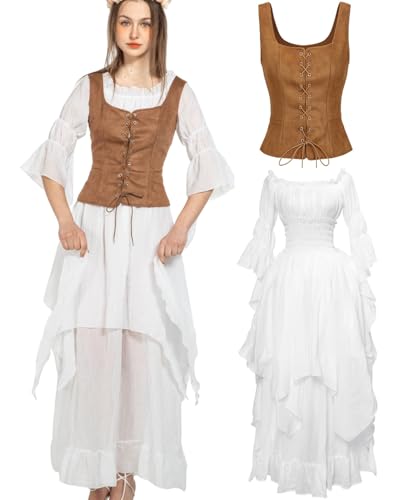 kasahara Ropa medieval para mujer, elegante chaleco retro, vestido renacentista, disfraz de hada, vestido victoriano, gótico, brujas, maxi vestido de boda, disfraz de carnaval (caqui, M)