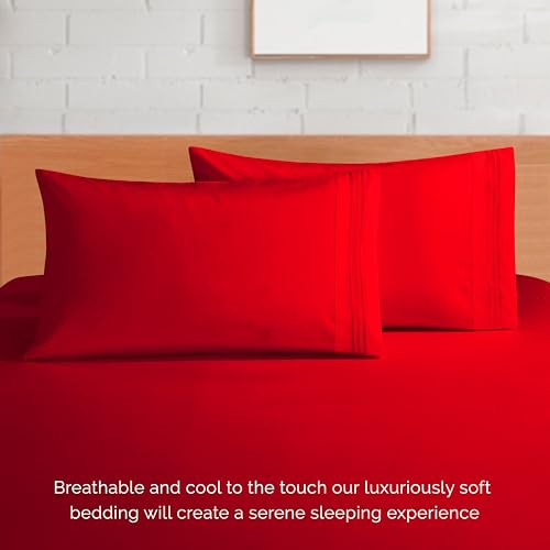 Image of Elegant Comfort Luxurious 1500 Premium Hotel Quality Microfiber 4-Piece Sheet Set, 18-24 Inches Deep - Extra Deep Pocket Sheets - Ultra Soft 4PC Deep Pocket Sheets, Twin /Twin XL, Red