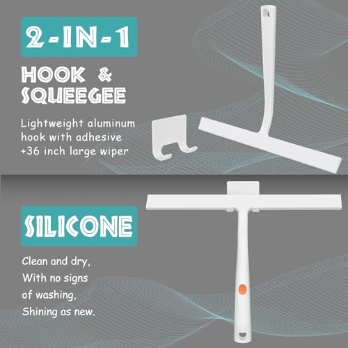 Image of Squeegee for Shower Door 14 Inch Wide Blade, 11 Inch Short Handle One-Piece Silicone with Stainless Steel Core, Non-Slip Grip Window Squeegee for Bathroom Mirror Car Windshield, Aluminum Hook (White)