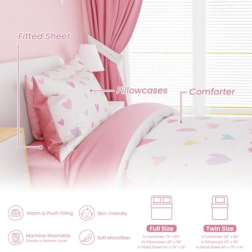 Image of SANDJEST Heart Comforter Set Full Size 98x86in for Kids Girls, Microfiber 4 Pcs Bedding Set Includes 1 Comforter, 2 Pillowcases, 1 Fitted Sheet, Nursery Room Decor