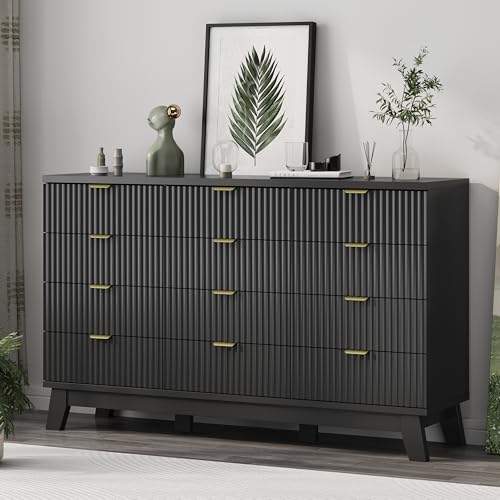 Image of Xixini Fluted Dresser for Bedroom with 12 Drawers, 57 inch Wide Modern Chest of Drawers with Metal Handle, Wooden Dresser TV Stand, Wood Closet Clothes Storage Organizer for Living Room, Hallway, Black