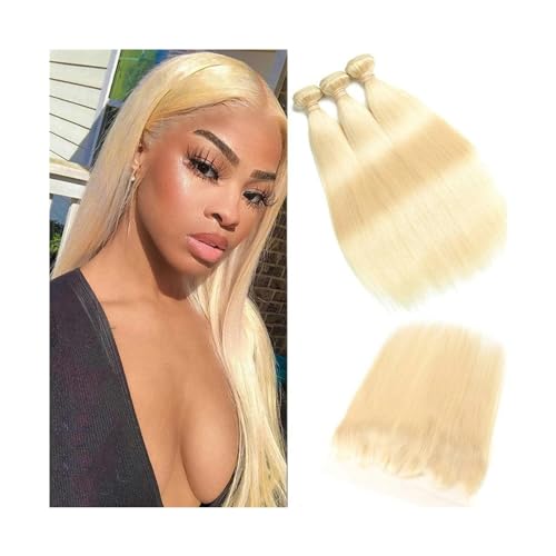 Extensión del cabello Mechones de cabello liso rubio 613 con cierre parte media 3 4 mechones con encaje Frontal extensión Remy de tejido de cabello humano brasileño de 10-40 pulgadas Haz de olas (Siz