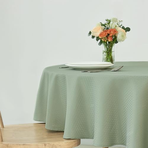 Image of maxmill Round Weaved Texture Design Tablecloth Spill-Proof Wrinkle Free Soft Washable Table Cloth for Circular Table Cover, for Dining Room Banquet Parties Holiday Dinner, 90 Inch Sage Green