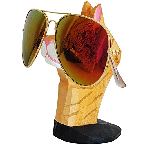 TXXMA Wood Eyeglass Stand Handmade Carved Spectacle Holder Sunglass Holder Stand Ginger Cat Glasses Display