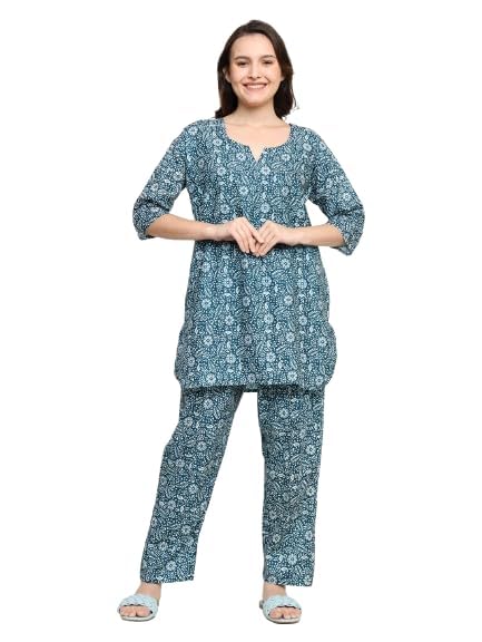 Image of Cotton Printed Co-Ord Set for Women - Nightwear Pajama Set with Pockets | Soft & Breathable Two-Piece Outfit for Sleep & Lounge