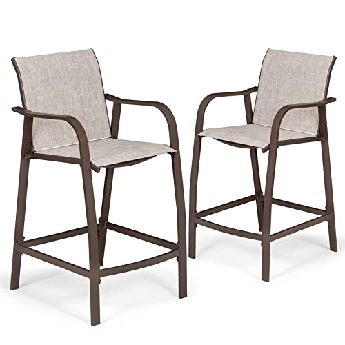Pellebant Aluminum Outdoor Bar Stool Set Of 2, Patio Counter Height Stools & Bar Chairs All-Weather For Backyard, Pool, Garden, Deck,Brown Frame, 27.5'' Seat Height,270 Lb Capacity-Beige #TOP5