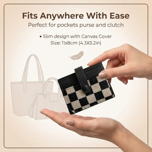 Image of TURBOOST Cute Slim Card Holder Canvas Front Pocket Checkered Wallet, Small Credit Card Case for Women (Black)