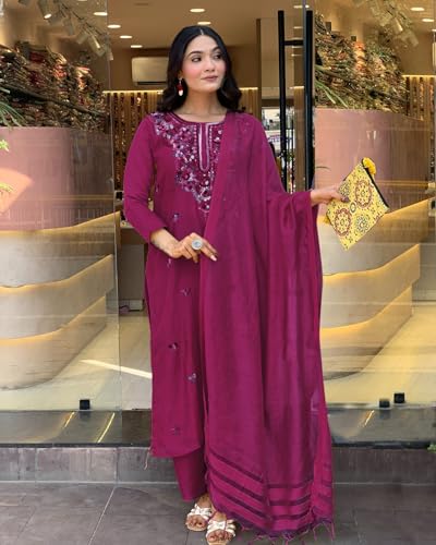 Image of ANNI Designer Women's Rayon Viscose Embroidered Straight Kurta with Pant & Dupatta