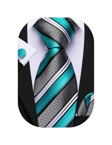 Image of Barry.Wang Man Stripe Ties Set Silk Woven Pocket Square Necktie Cufflinks Formal Party Business