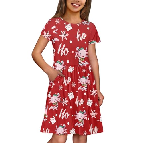 Image of Girls Dress with Pockets Basic Short Sleeve High Waist Swing Skater Dress School Party Dress for Kids
