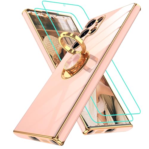 Coque Samsung S22 Ultra avec anneau rotatif 360 et 2 protections d'écran rose