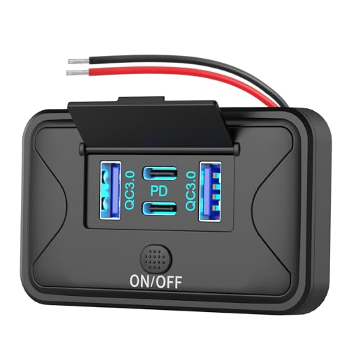 78W 4 Port 12V USB Outlet Wall Mount, Dual 36W PD & Dual 18W QC3.0 Lightweight Surface Mount Charger Socket Panel with Button Switch for Bus RV Truck Marine Golf Cart