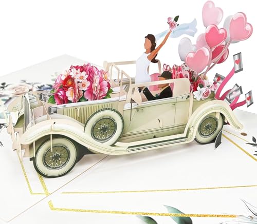YEVIOR 3D Pop Up Hochzeitskarte Elegant,Just Married Hochzeitsgrußkart mit Braut und Bräutigam, Verlobung, Brautparty, Frisch Vermählte, Hochzeitsglückwünsche