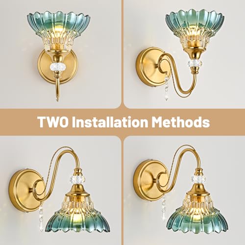 Image of 1 Piece Vintage Wall Sconce, 1-Light Brushed Gold Finish Wall Sconce with Hanging Crystal Accents and Flower-Shaped Teal Shades for Bathroom Bedroom Living Room,Vintage Vanity Light