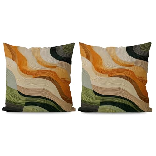 FWSFD Abstract Groovy Boho Wavy Pillow Covers 18x18, Mid Century Modern Earth Tone Green Orange Texture Decorative Throw Pillow Covers for Home Bedroom Living Room Set of 2