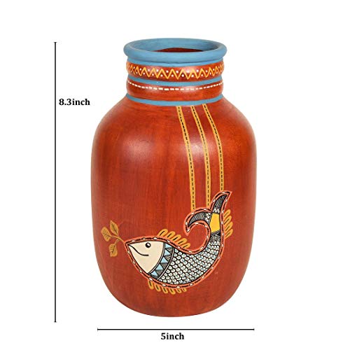 Image of Aakriti Art Creations Madhubani Fish Terracotta Vase | Handmade Rustic Red Decorative Flower Vase | Traditional Folk Art Vase for Living Room Table Decor & Housewarming Gift
