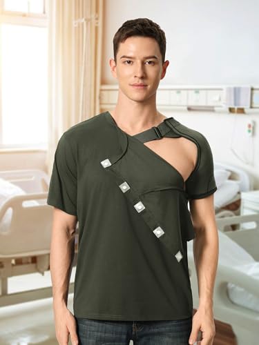 Image of Magnetic Buttons Post Shoulder Surgery Recovery Shirt for Men V-Neck Tear Away Adaptive Chemo Port Clothing for Women