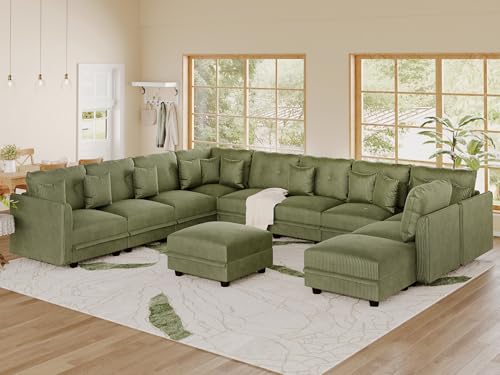 Image of LLappuil 11-Seat Modular Sectional Sofa with Storage, Oversized V-Shaped Corduroy Couch with 10 Throw Pillows, Pet-Friendly Convertible Pit Sofa for Large Living Room, Skin-Friendly, Green