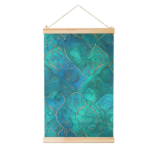 Tableau turquoise grand format 91 cm et suspension en bois pour déco de chambre