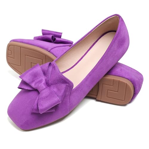 Image of WENJIAZHIZHI Square Toe Bow Ballet Slip-On | Classic Suede Finish,Chic Bow Detail,Effortless Everyday Style,Wedding Party Office,Plus Size Available